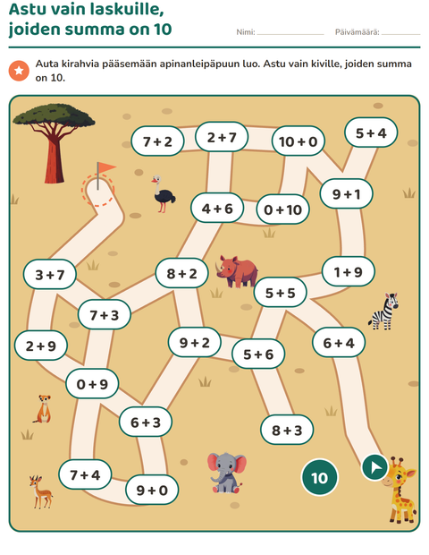 Esikatselu: Matematiikkalabyrintti: astu vain laskuille, joiden summa on 10