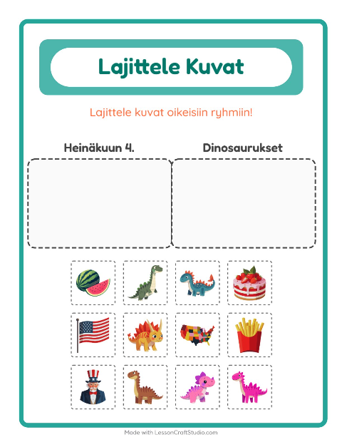 Esikatselu: Lajittele kuvat: Itsenäisyyspäivä ja Dinosaurukset – esikouluikäisille