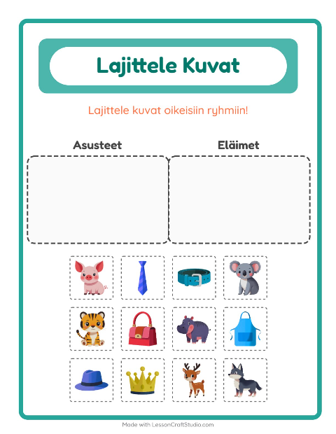 Esikatselu: Lajittele kuvat: Asusteet ja Eläimet – esikouluikäisille