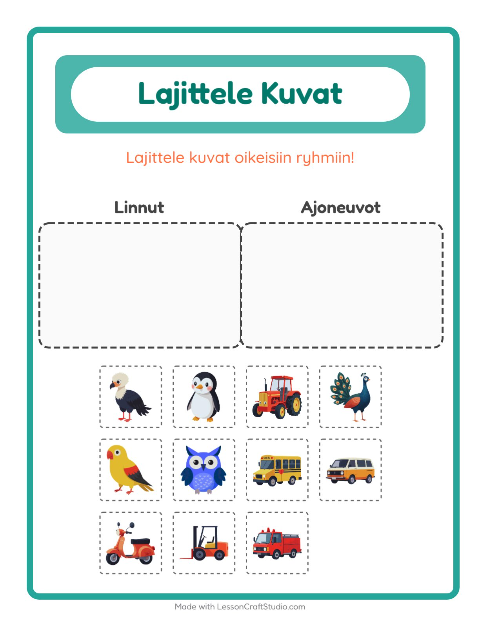 Esikatselu: Lajittele kuvat: Linnut ja Ajoneuvot – esikouluikäisille