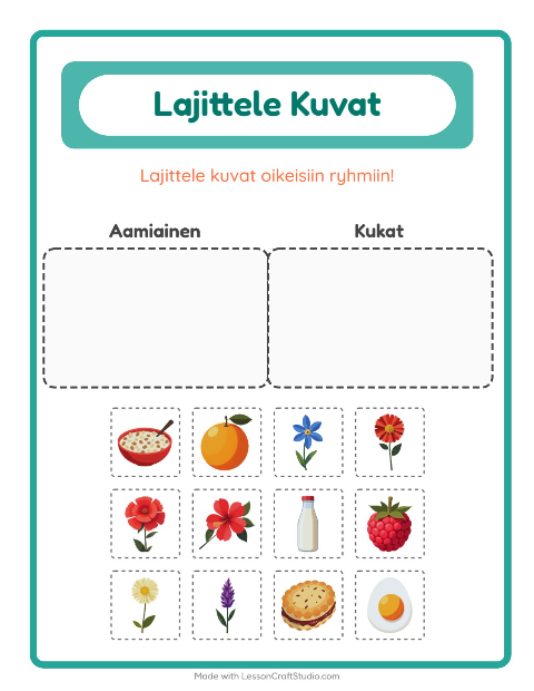 Esikatselu: Lajittele kuvat: Aamiainen ja Kukat – esikouluikäisille