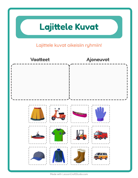 Esikatselu: Lajittele kuvat: Vaatteet ja Ajoneuvot – esikouluikäisille