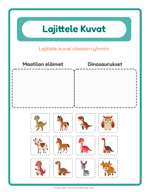 Lajittele kuvat: Maatilan eläimet ja Dinosaurukset