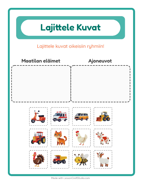 Lajittele kuvat: Maatilan eläimet ja Ajoneuvot