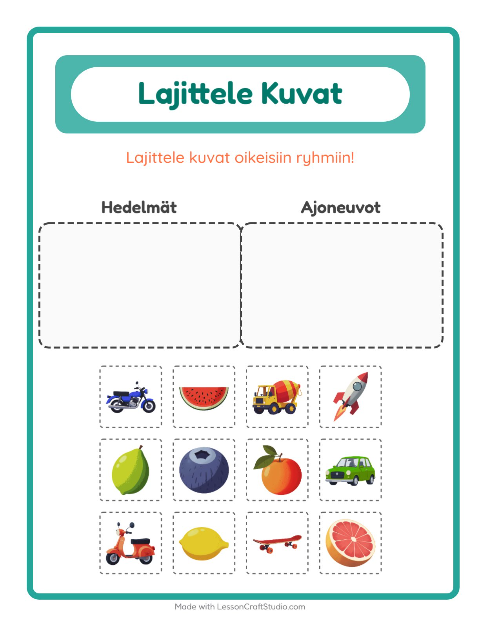 Lajittele kuvat: Hedelmät ja Ajoneuvot