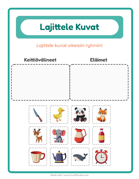Esikatselu: Lajittele kuvat: Keittiövälineet ja Eläimet – esikouluikäisille