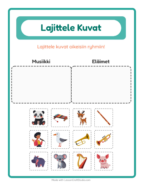 Esikatselu: Lajittele kuvat: Musiikki ja Eläimet – esikouluikäisille