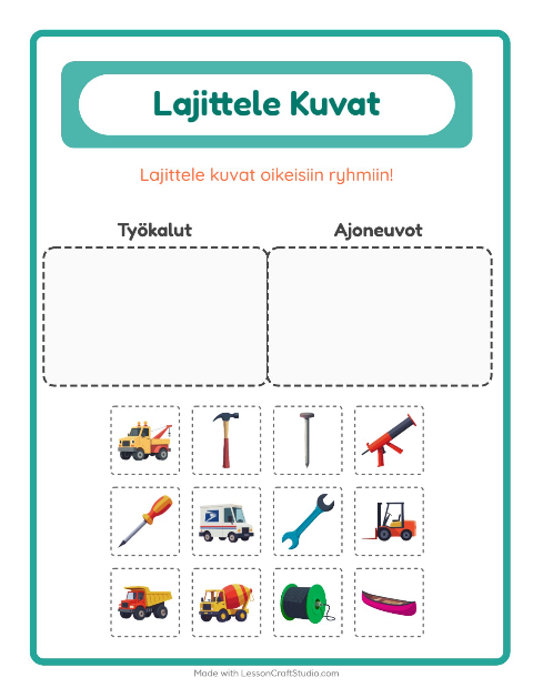 Esikatselu: Lajittele kuvat: Työkalut ja Ajoneuvot – esikouluikäisille