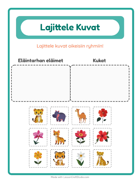 Esikatselu: Lajittele kuvat: Eläintarhan eläimet ja Kukat – esikouluikäisille