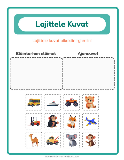 Lajittele kuvat: Eläintarhan eläimet ja Ajoneuvot