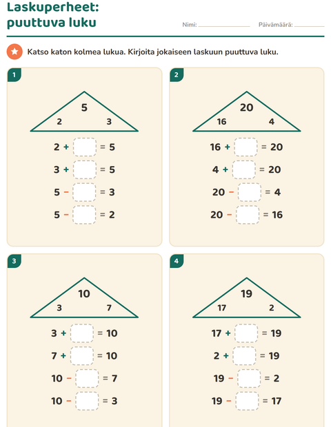 Esikatselu: Laskuperheet-tehtäväarkki, 1. luokka