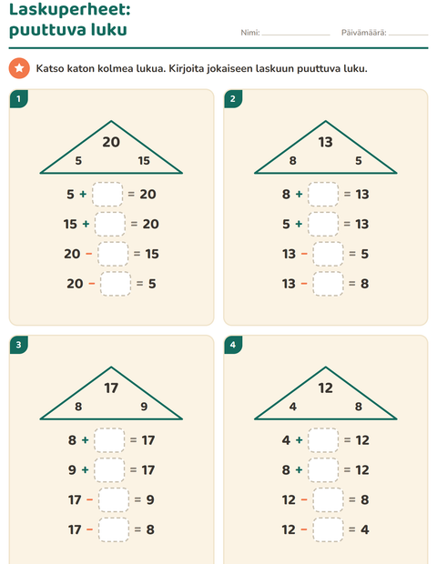 Esikatselu: Laskuperheet-tehtäväarkki, 1. luokka