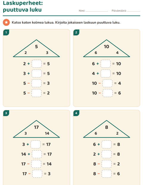 Esikatselu: Laskuperheet-tehtäväarkki, 1. luokka