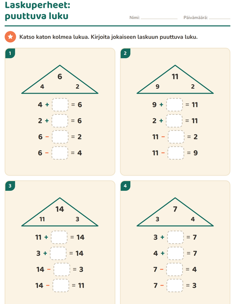 Esikatselu: Laskuperheet-tehtäväarkki, 1. luokka