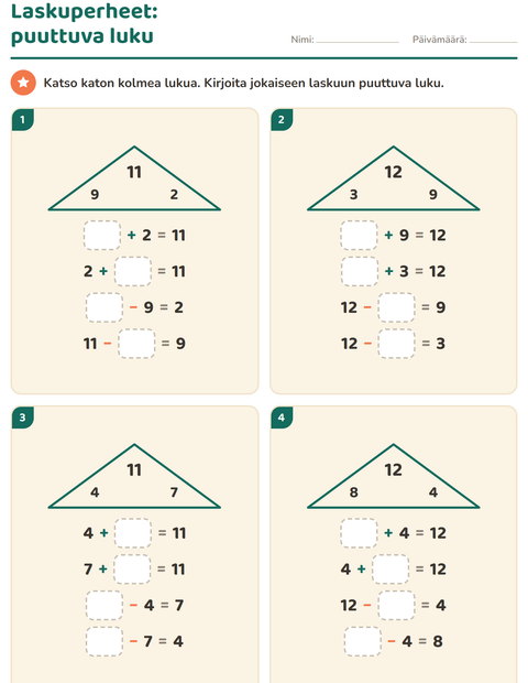 Esikatselu: Laskuperheet-tehtäväarkki, 1. luokka