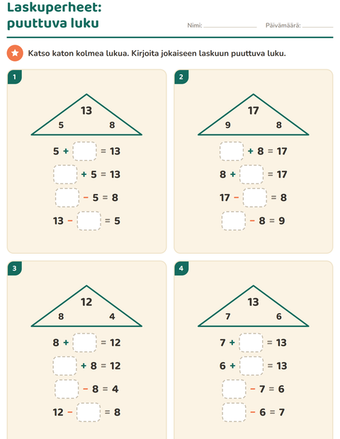 Esikatselu: Laskuperheet-tehtäväarkki, 1. luokka