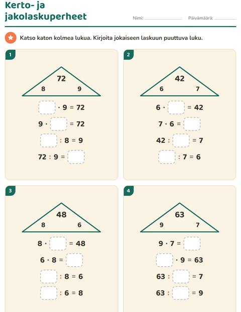 Esikatselu: Laskuperheet-tehtäväarkki, 3. luokka