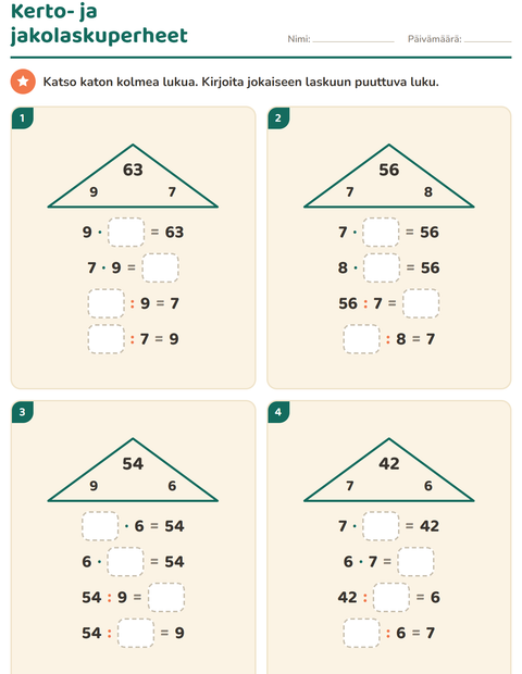 Esikatselu: Laskuperheet-tehtäväarkki, 3. luokka