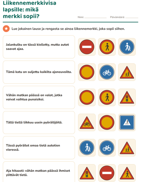 Esikatselu: Liikennemerkkivisa lapsille: mikä merkki sopii?