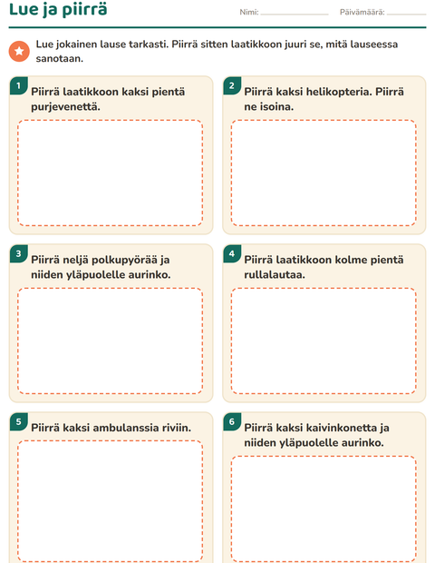 Esikatselu: Lue ja piirrä: piirrä täsmälleen se, mitä lause sanoo