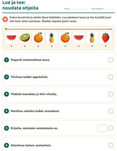 Esikatselu: Lue ja tee-tehtäväarkki, aiheena Hedelmät, 1. luokka