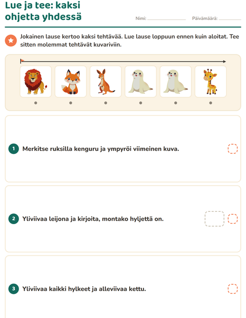 Esikatselu: Lue ja tee-tehtäväarkki, aiheena Eläintarhan eläimet, 1. luokka