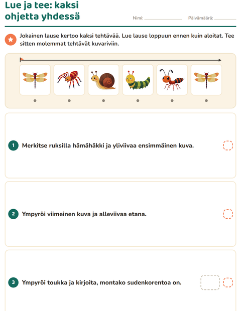 Esikatselu: Lue ja tee-tehtäväarkki, aiheena Hyönteiset ja ötökät, 1. luokka