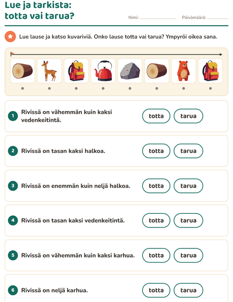 Esikatselu: Lue ja tee-tehtäväarkki, aiheena Leirielämä, 1. luokka