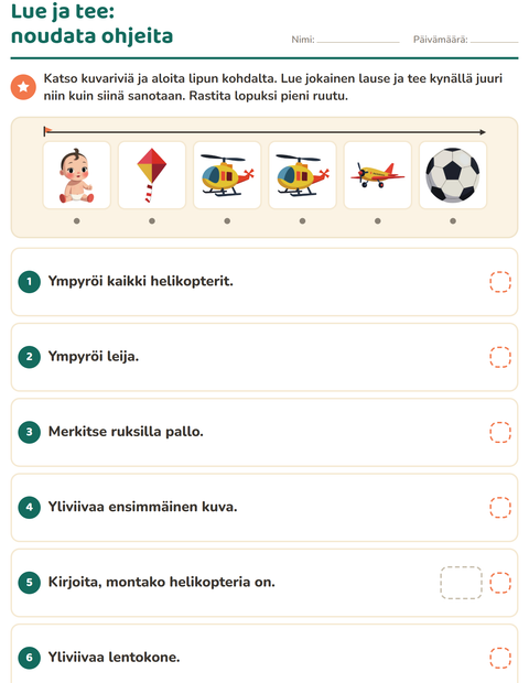 Esikatselu: Lue ja tee-tehtäväarkki, aiheena Lelut, 1. luokka