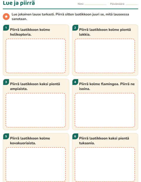 Esikatselu: Lue ja tee-tehtäväarkki, aiheena Lentävät asiat, 1. luokka
