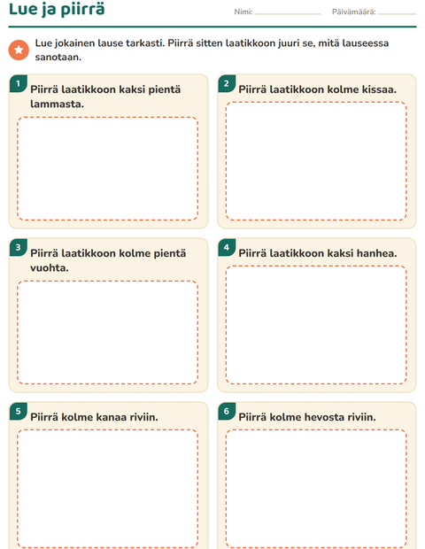 Esikatselu: Lue ja tee-tehtäväarkki, aiheena Maatilan eläimet, 1. luokka