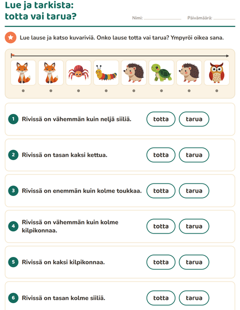 Esikatselu: Lue ja tee-tehtäväarkki, aiheena Metsän eläimet, 1. luokka