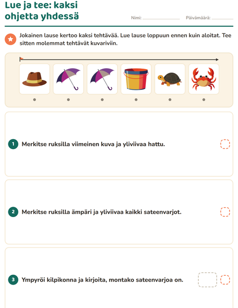 Esikatselu: Lue ja tee-tehtäväarkki, aiheena Ranta, 1. luokka