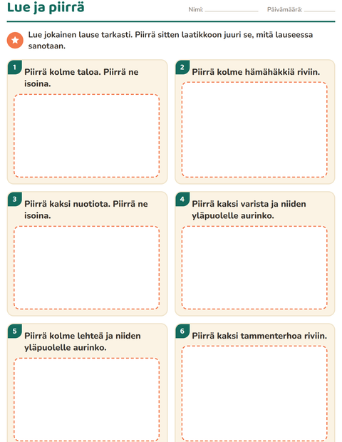 Esikatselu: Lue ja tee-tehtäväarkki, aiheena Sekalaista, 1. luokka