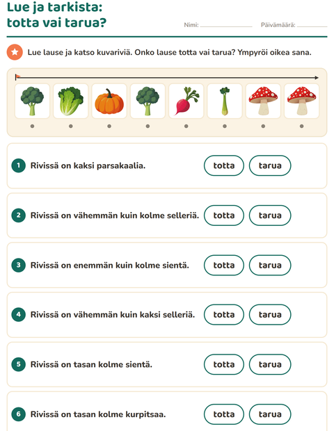 Esikatselu: Lue ja tee-tehtäväarkki, aiheena Vihannekset, 1. luokka