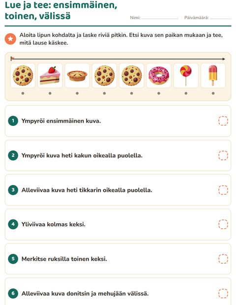 Esikatselu: Lue ja tee-tehtäväarkki, aiheena Jälkiruoat ja makeiset, 1. luokka
