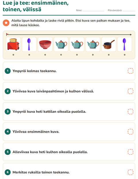 Esikatselu: Lue ja tee-tehtäväarkki, aiheena Keittiövälineet, 1. luokka