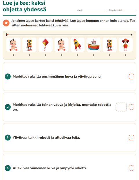 Esikatselu: Lue ja tee-tehtäväarkki, aiheena Lelut, 1. luokka