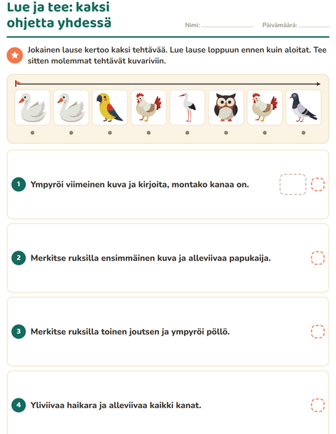 Esikatselu: Lue ja tee-tehtäväarkki, aiheena Linnut 2, 1. luokka