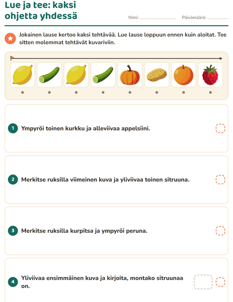 Esikatselu: Lue ja tee-tehtäväarkki, aiheena Ruokakaupassa, 1. luokka