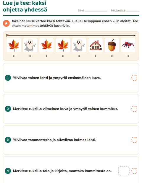 Esikatselu: Lue ja tee-tehtäväarkki, aiheena Sekalaista, 1. luokka