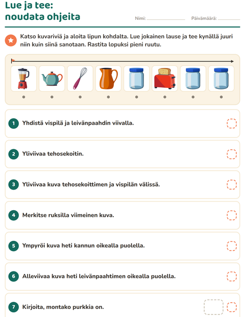 Esikatselu: Lue ja tee-tehtäväarkki, aiheena Keittiövälineet, 1. luokka