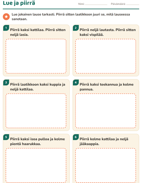 Esikatselu: Lue ja tee-tehtäväarkki, aiheena Keittiövälineet, 1. luokka
