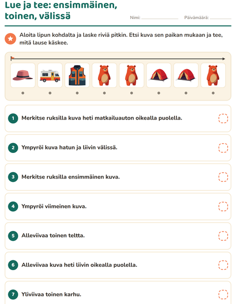 Esikatselu: Lue ja tee-tehtäväarkki, aiheena Leirielämä, 1. luokka