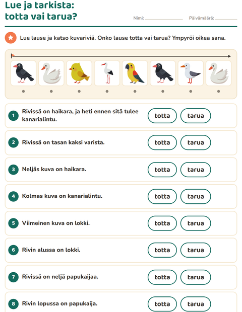 Esikatselu: Lue ja tee-tehtäväarkki, aiheena Linnut 2, 1. luokka