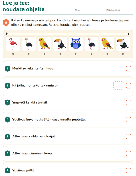 Esikatselu: Lue ja tee-tehtäväarkki, aiheena Linnut, 1. luokka
