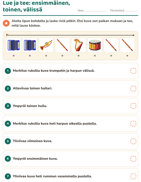 Esikatselu: Lue ja tee-tehtäväarkki, aiheena Musiikki, 1. luokka
