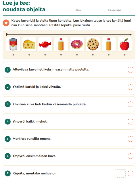 Esikatselu: Lue ja tee-tehtäväarkki, aiheena Ruokakaupassa, 1. luokka