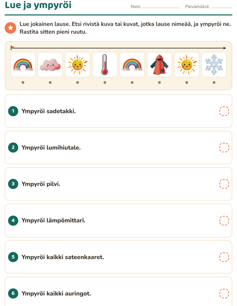 Esikatselu: Lue ja tee-tehtäväarkki, aiheena Sää, 1. luokka