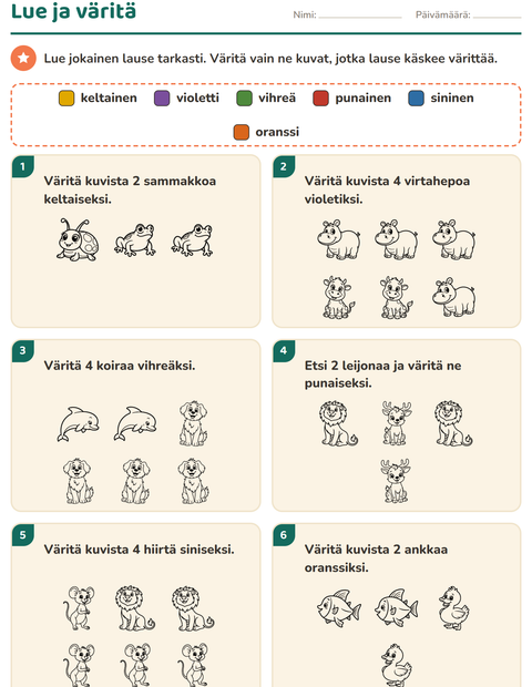 Esikatselu: Lue ja väritä-tehtäväarkki, aiheena Eläimet MV 3, 1. luokka